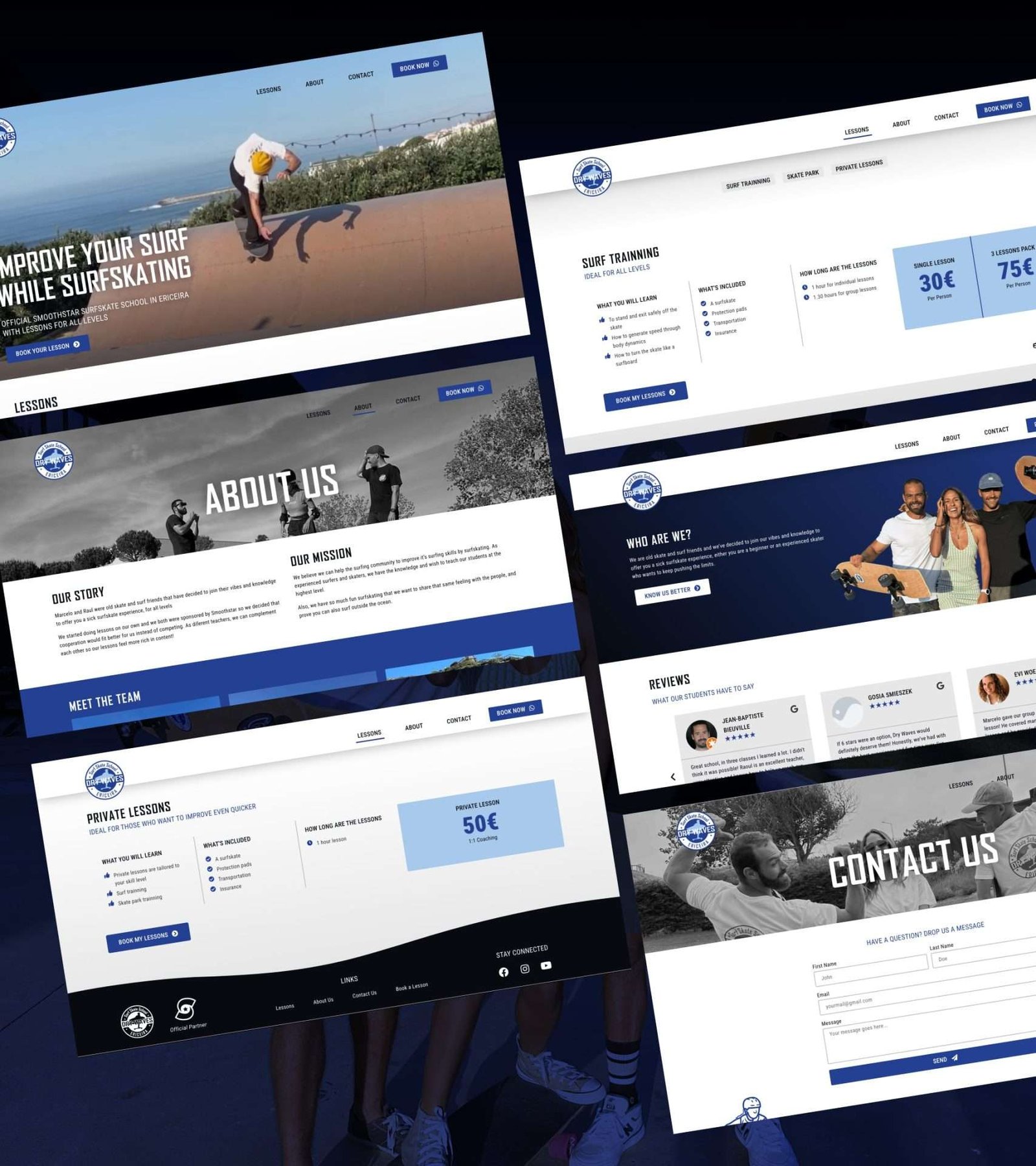 Some sections of Dry Waves Surfskate School website design and development.