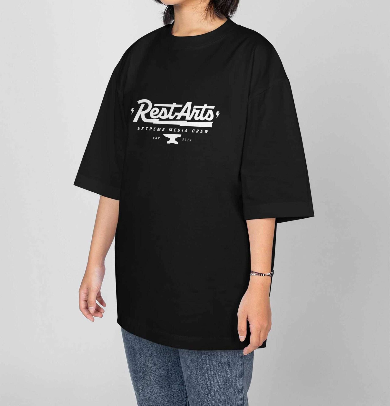 Oversized T-shirt with a graphic compositions for Restarts Studio
