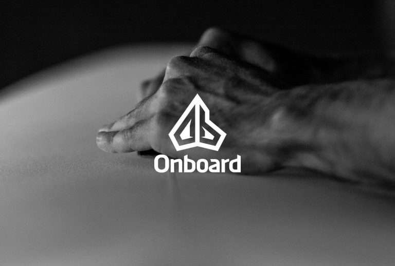 Onboard Surfboards logo with a surfboard shaper on the background